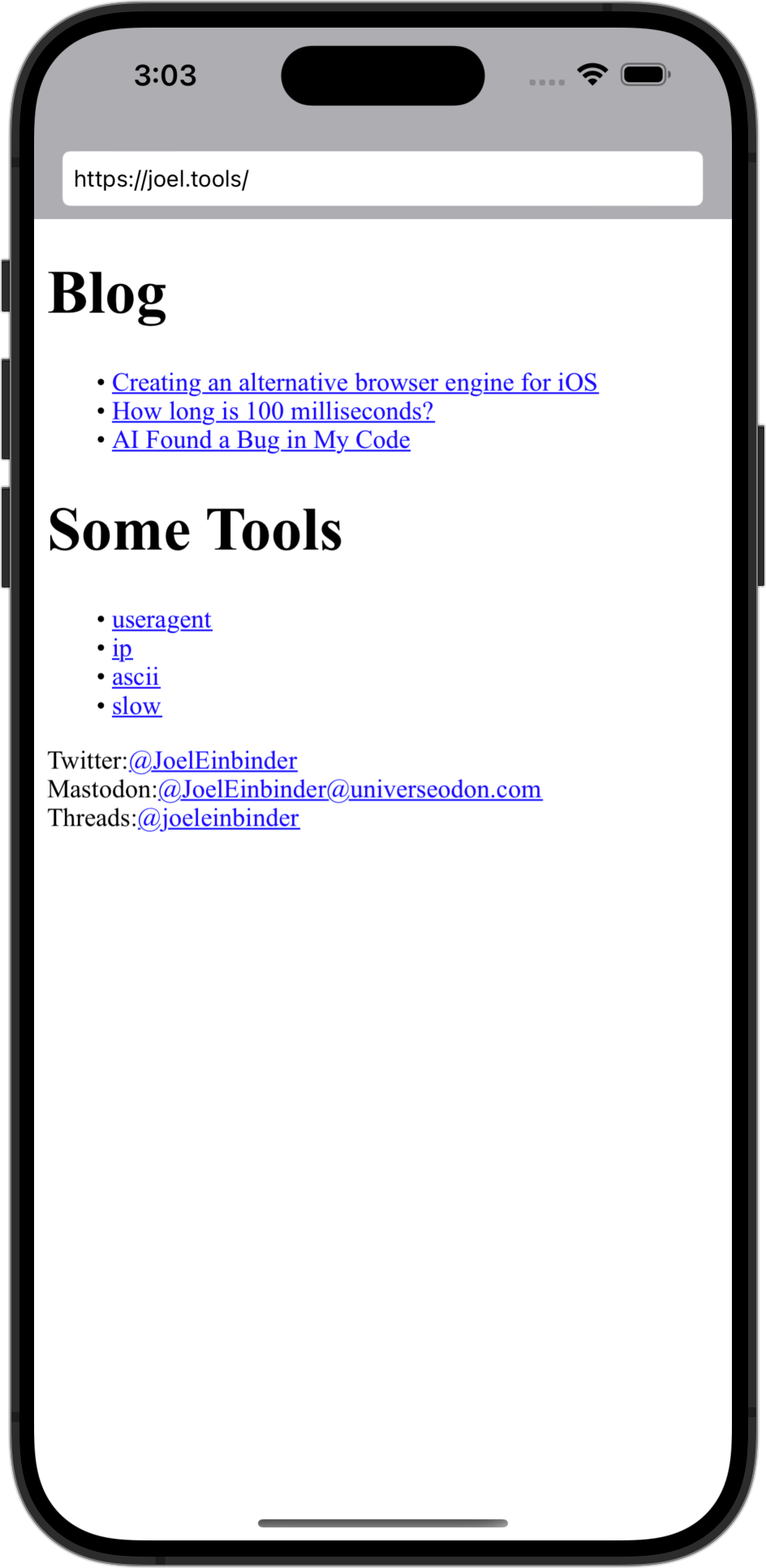 The minimal joel.tools website is rendered.